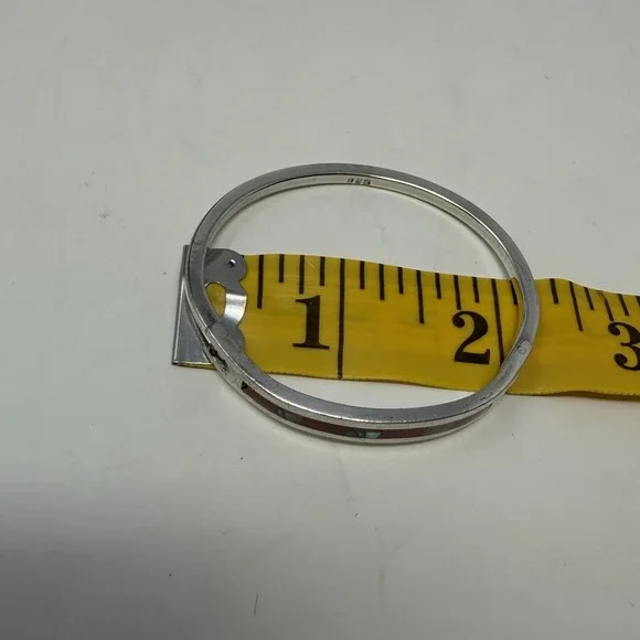 Vintage Mexico 925 Sterling Silver Abalone Red Shell Inlay Hinged Cuff Bracelet - Picture 4 of 16